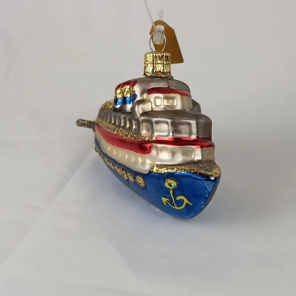 Discovery Channel Blown Glass Ornament Ship Yacht Glitter Christmas Tree Holiday